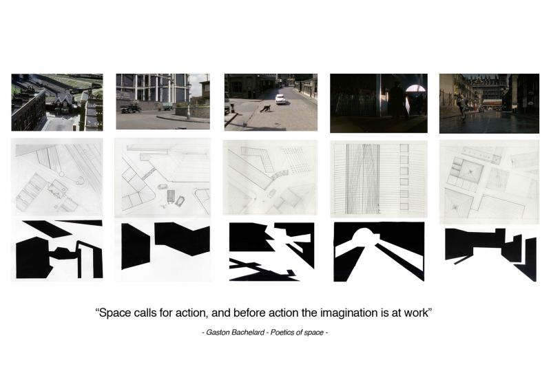 From the quote 'space calls for action and before action the imagination is at work' - Gaston Bachelard.  
I took five film stills from 'The Lady Killers'. first I studied the space by plan, and then I broke them down into empty and solid space. The bottom five images call for a conversation with the viewer to interpret their own 'action' inside that space. 